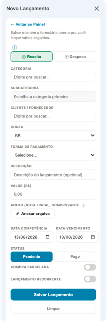 Formulário de Lançamento da Planilha Base Certa